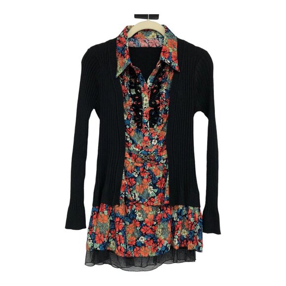Red Multicolor Floral Silk Blend Collared tunic Attached Black Cardigan Set - Picture 15 of 15